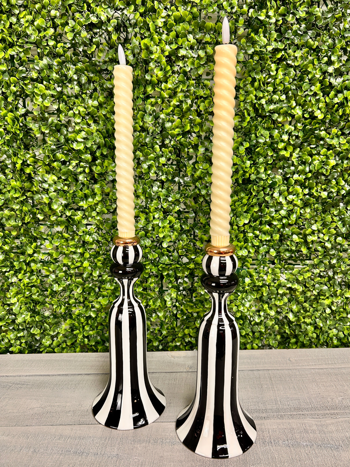 Set Of Two 10 Inch Black & White Striped Ceramic Taper Candle Holder