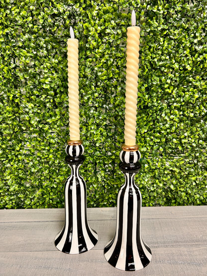 Set Of Two 10 Inch Black & White Striped Ceramic Taper Candle Holder