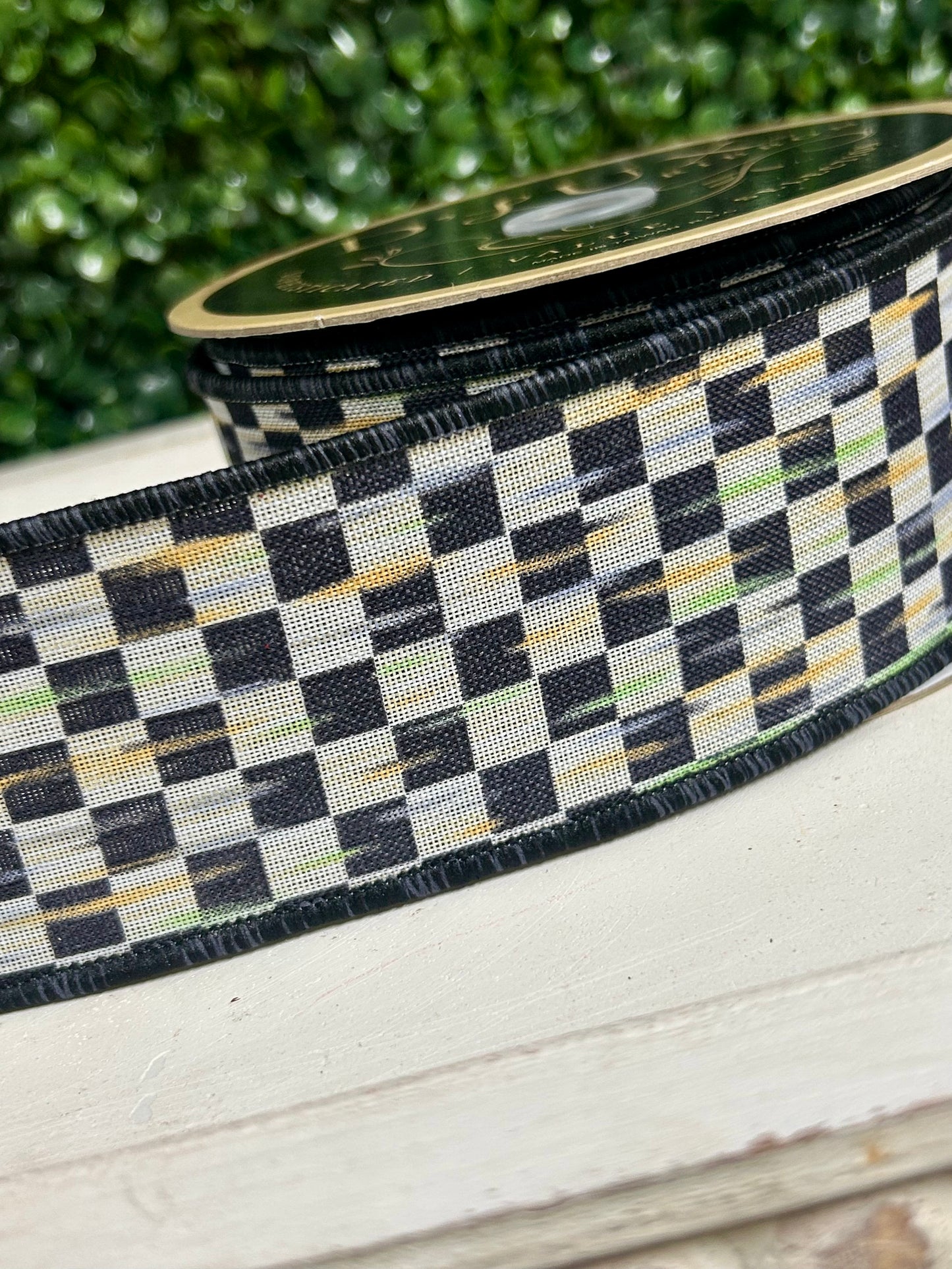 2.5 Inch By 10 Yard Beige And Black Mini Antique Checkerboard Ribbon