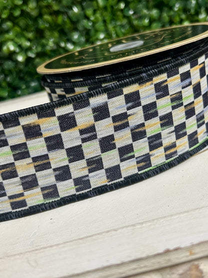 2.5 Inch By 10 Yard Beige And Black Mini Antique Checkerboard Ribbon