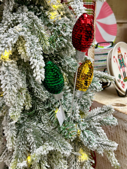 11 Inch Red Emerald Green And Gold Styrofoam Sequin Light Bulb Pick