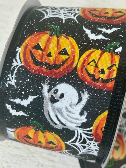 2.5 Inch By 10 Yard Black Glitter Ghosts Pumpkin Bats And Spider Webs Ribbon
