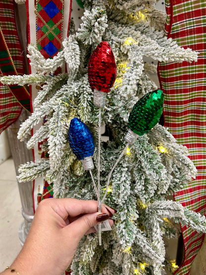 11 Inch Red Emerald Green And Royal Blue Styrofoam Sequin Light Bulb Pick