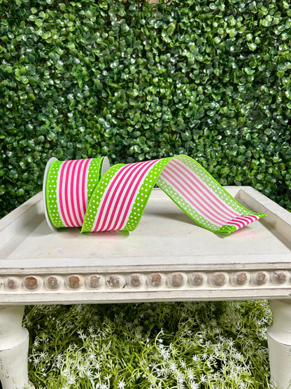 2.5 Inch By 10 Yard White Hot Pink And Lime Vertical Stripe And Polka Dot Edge Ribbon