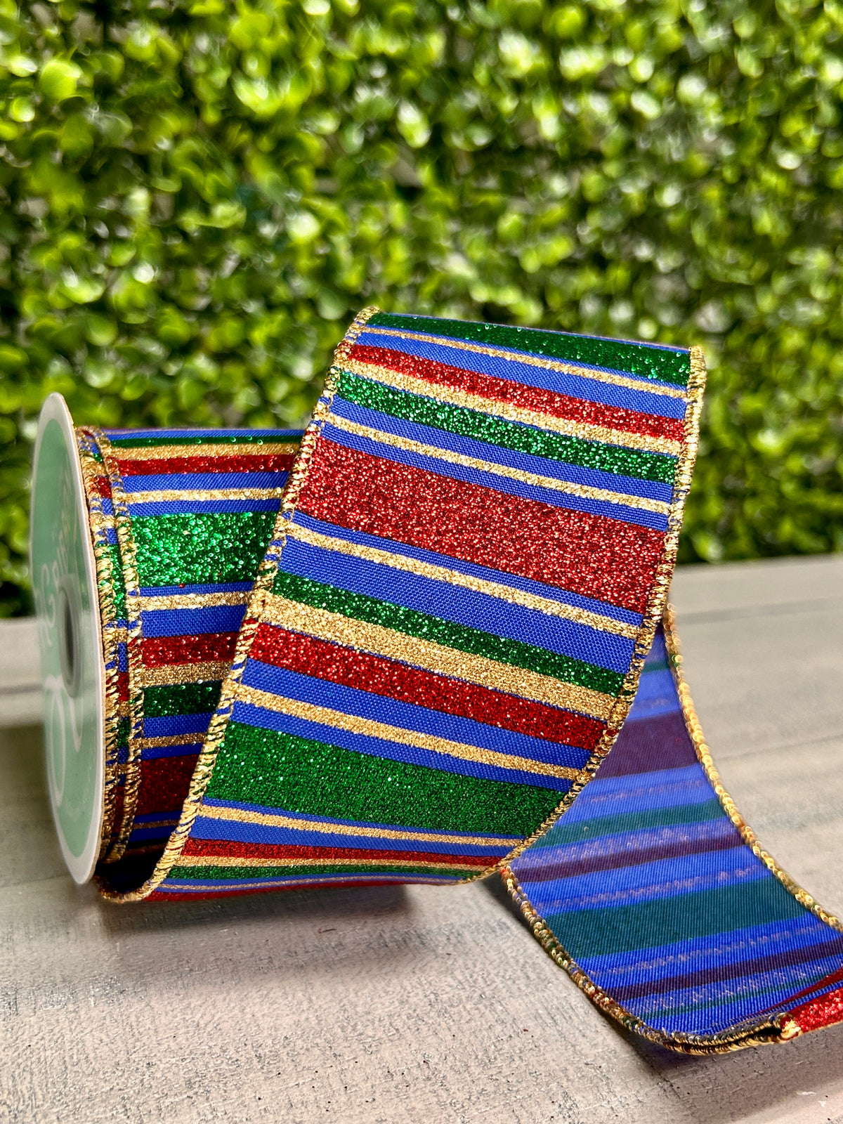 2.5 Inch By 10 Yard Royal Blue Red And Emerald Horizontal Stripe Ribbon