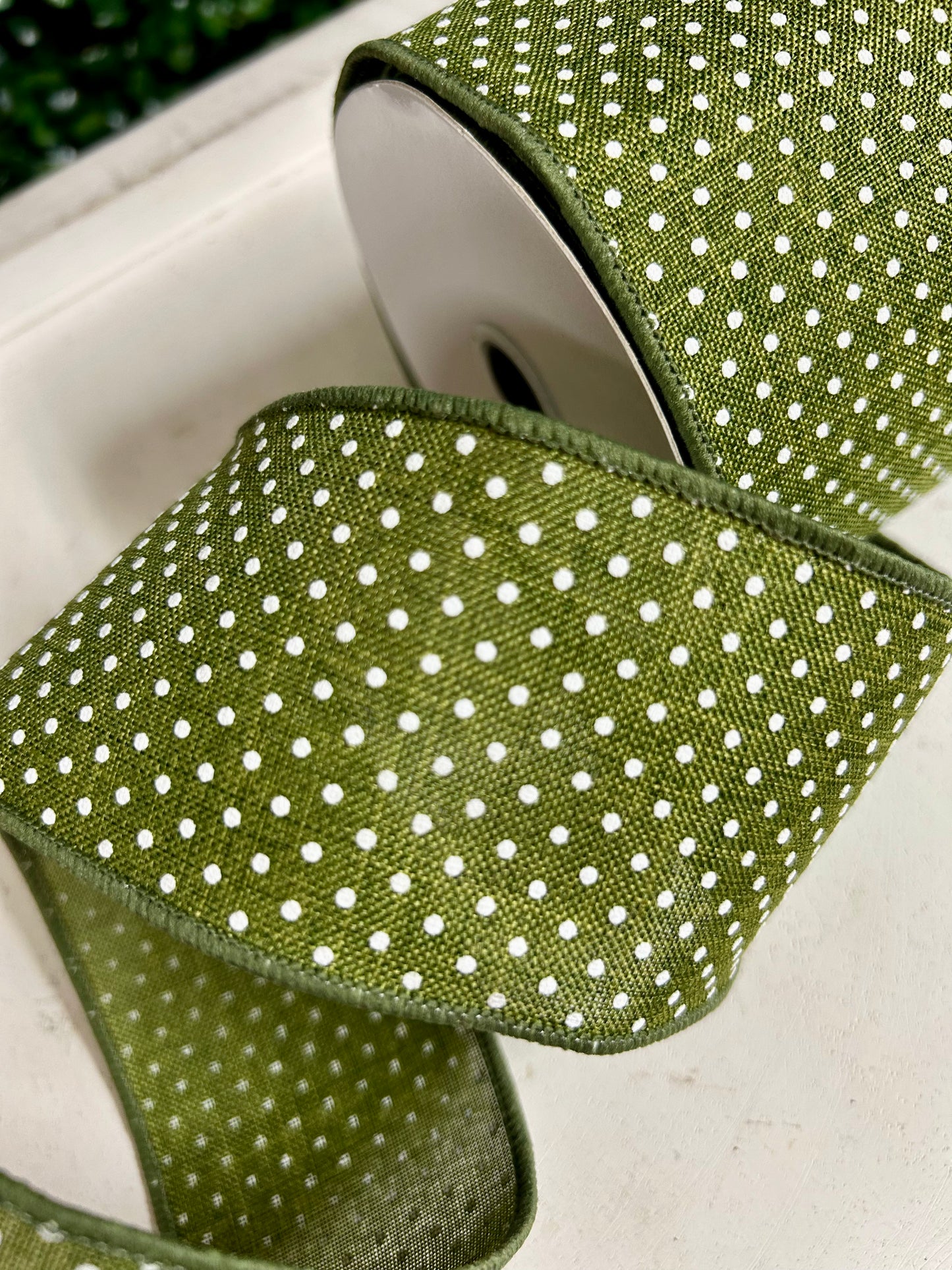 2.5 Inch By 10 Yards Moss Green And White Raised Swiss Dots On Royal Ribbon