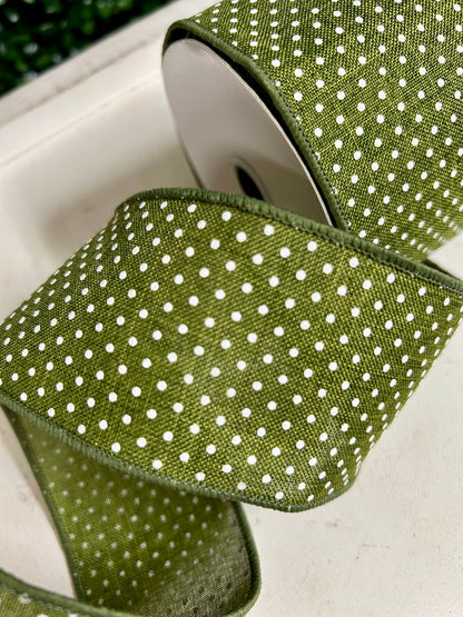 2.5 Inch By 10 Yards Moss Green And White Raised Swiss Dots On Royal Ribbon