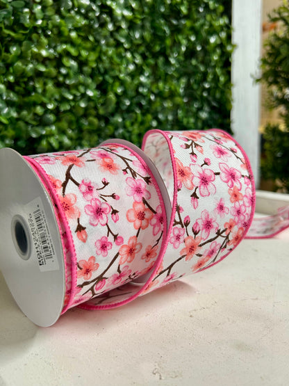 2.5 Inch White Pink And Peach Cherry Blossoms Ribbon