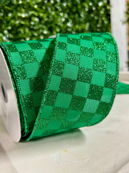 2.5 Inch By 10 Yard Emerald Green Glitter Check Ribbon
