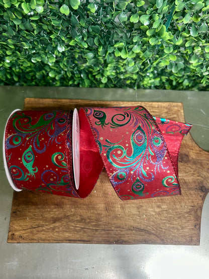 2.5 Inch By 10 Yard Peacock Swirls On Red Background Ribbon