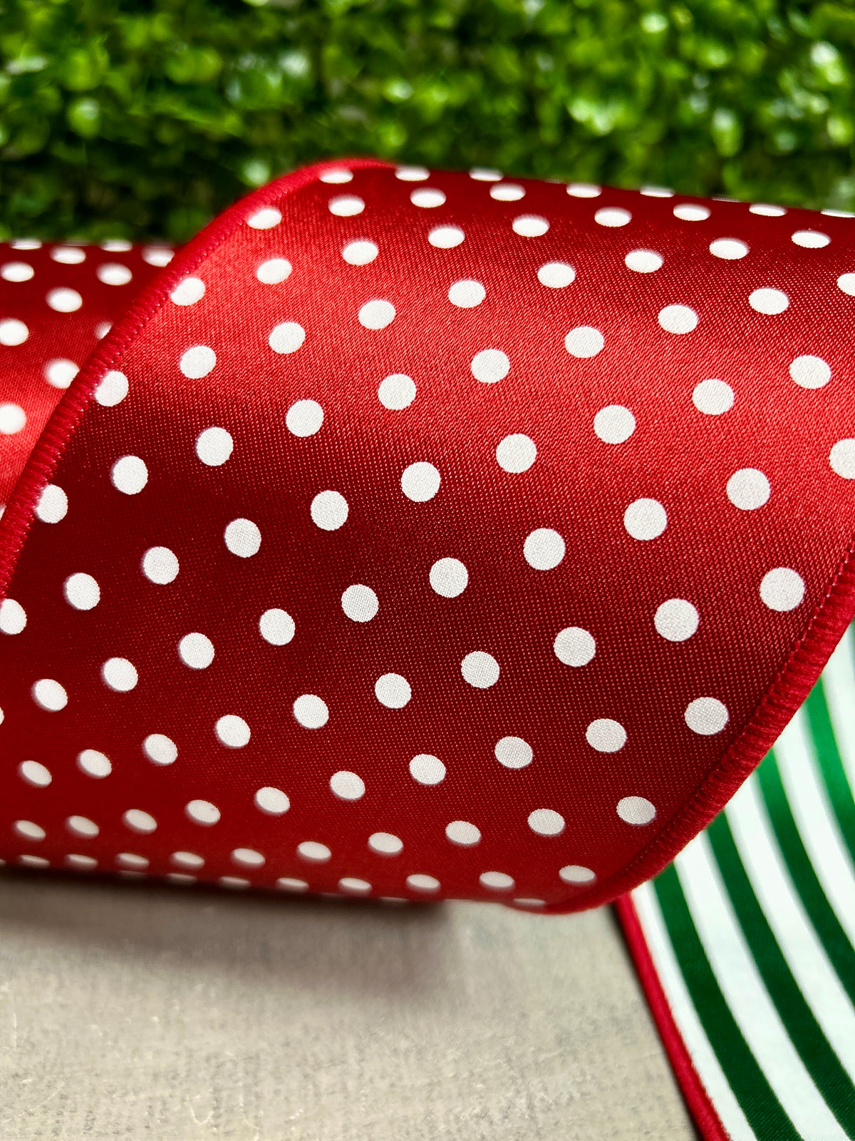 4 Inch By 10 Yard Red And White Polka Dot With Emerald And White Stripe Backing Fused Ribbon
