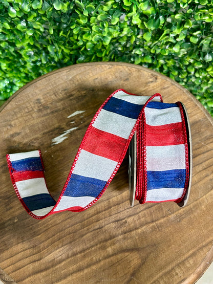 1.5 Inch By 10 Yard Red White And Blue American Dupioni Bar Wired Edge Ribbon