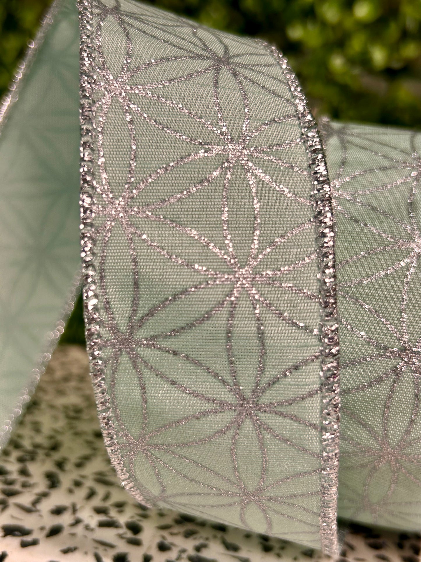 1.5 Inch By 10 Yard Robins Egg And Silver Seamless Stars On Faux Dupioni Ribbon