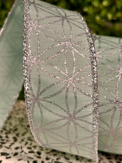 1.5 Inch By 10 Yard Robins Egg And Silver Seamless Stars On Faux Dupioni Ribbon