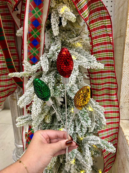 11 Inch Red Emerald Green And Gold Styrofoam Sequin Light Bulb Pick