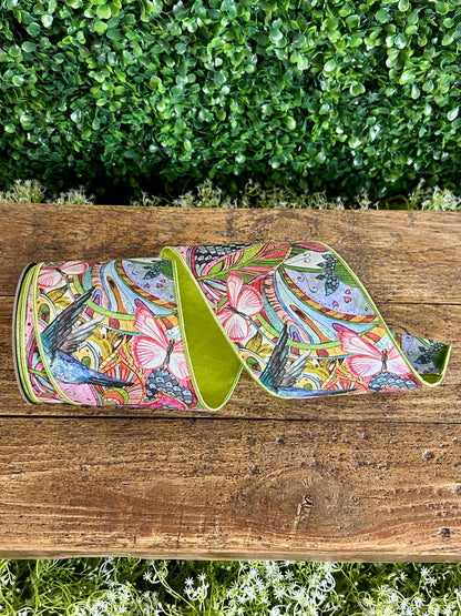 D. Stevens 4 Inch By 10 Yard Pink Aqua And Blue Spring Floral Butterfly And Bird With Lime Backing Ribbon