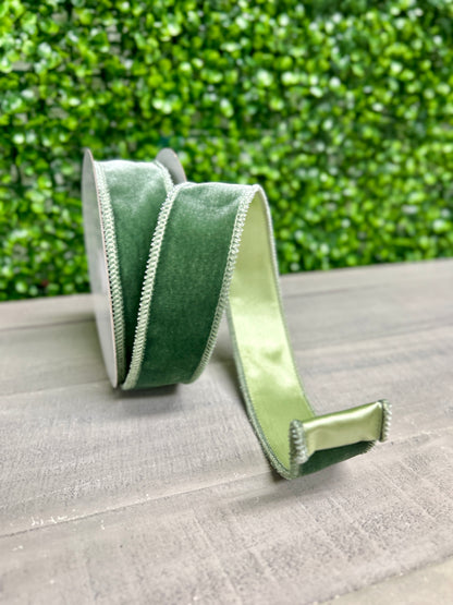 1.5 Inch By 10 Yard Sage Green Deluxe Velvet With Satin Backing Ribbon