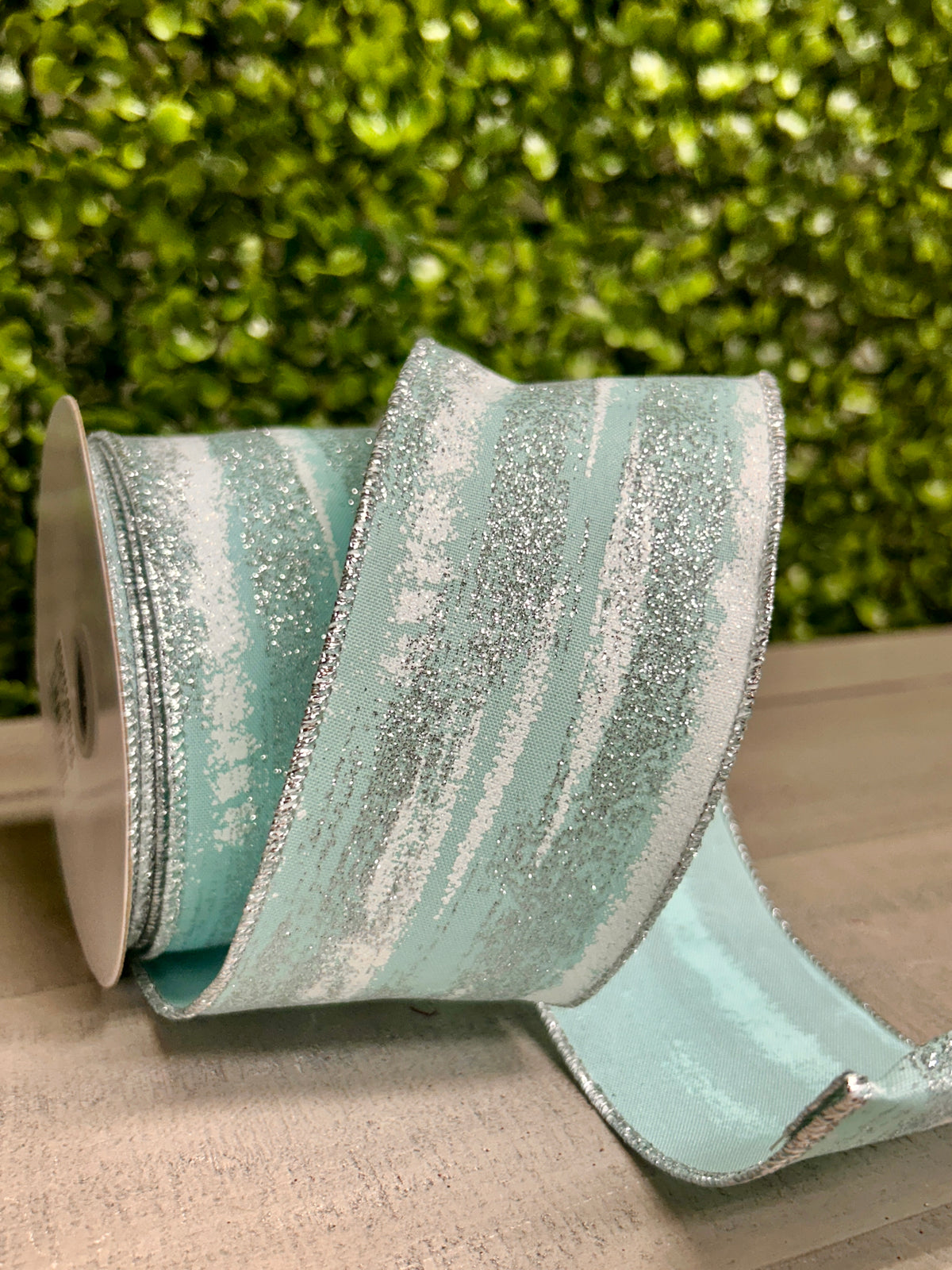 2.5 Inch By 10 Yards Soft Turquoise White And Silver Glitter Paint Strokes Ribbon