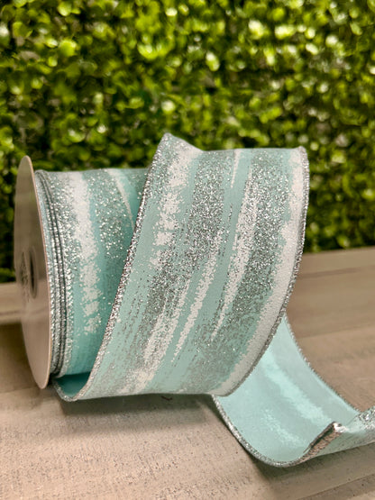 2.5 Inch By 10 Yards Soft Turquoise White And Silver Glitter Paint Strokes Ribbon