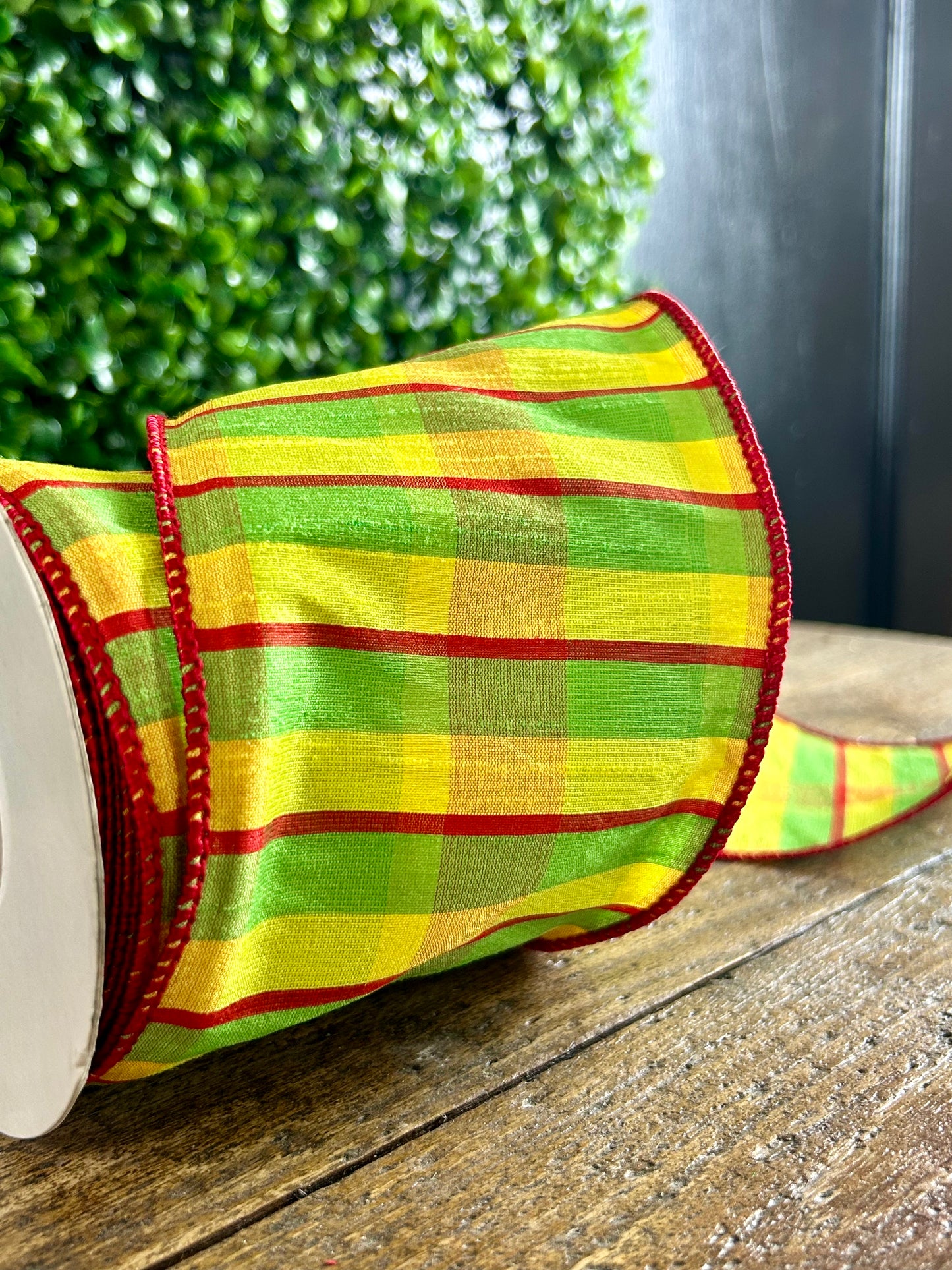 4 Inch By 10 Yard Red Lime And Yellow Dupioni Ribbon