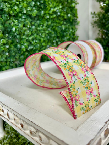 2.5 Inch By 10 Yard Orange Bouquet Pink Bow On Yellow And White Check Ribbon