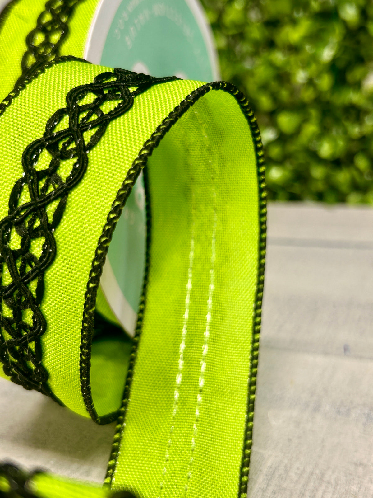 1.5 Inch By 10 Yard Lime Green And Black Lace On Faux Royal Ribbon