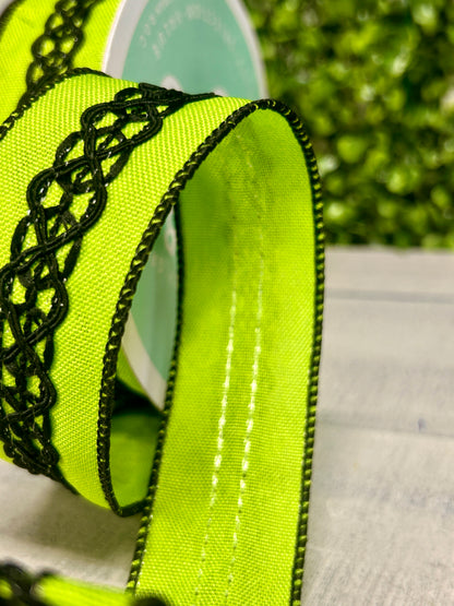 1.5 Inch By 10 Yard Lime Green And Black Lace On Faux Royal Ribbon
