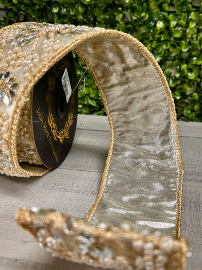 John Mark Enterprises 2.5 Inch By 5 Yard Gold And Platinum Jeweled Pearl Mirror Ribbon