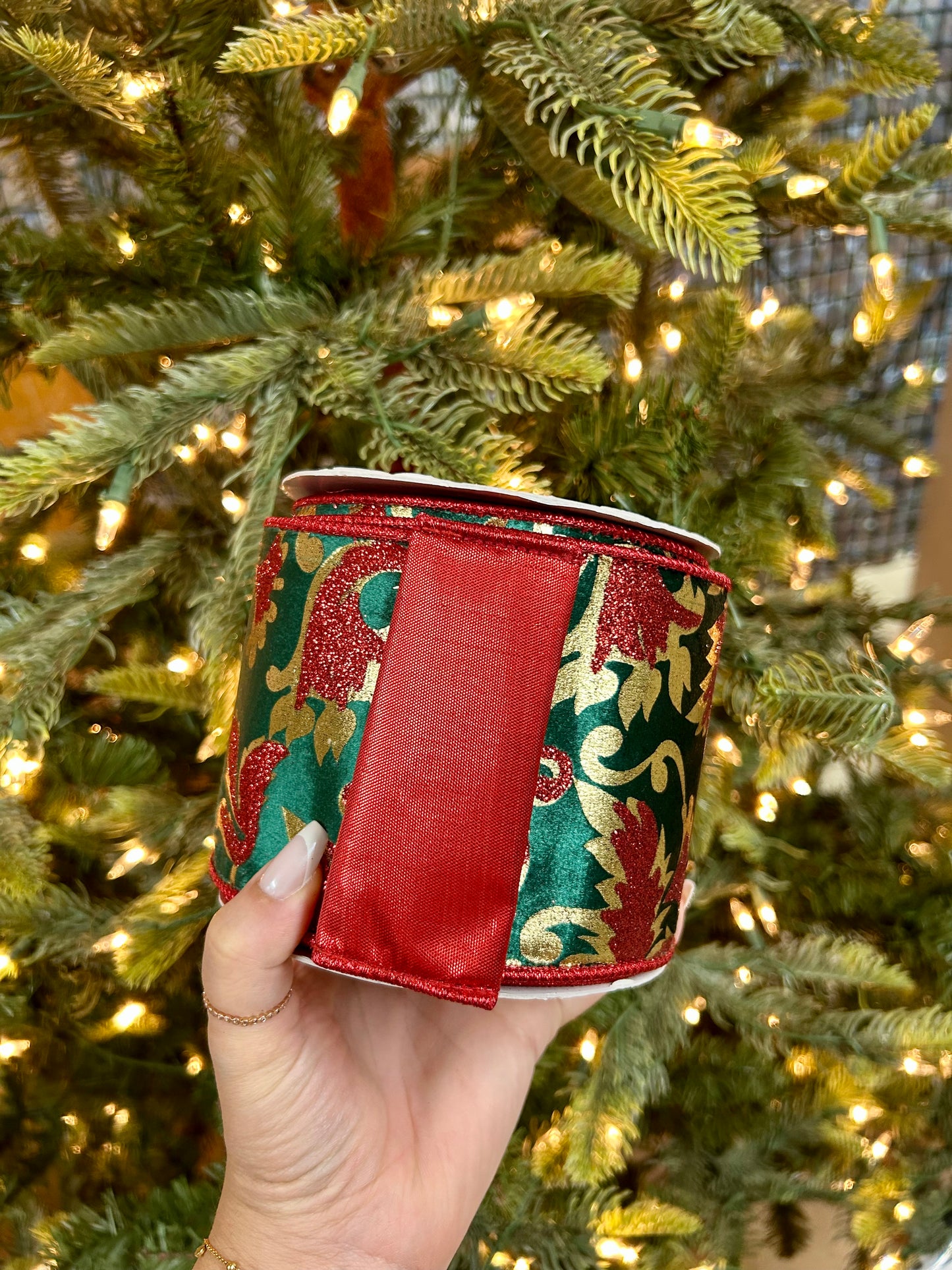 4 Inch By 10 Yard Gold Glitter Print Leaf Pattern On Dark Green Velvet Ribbon