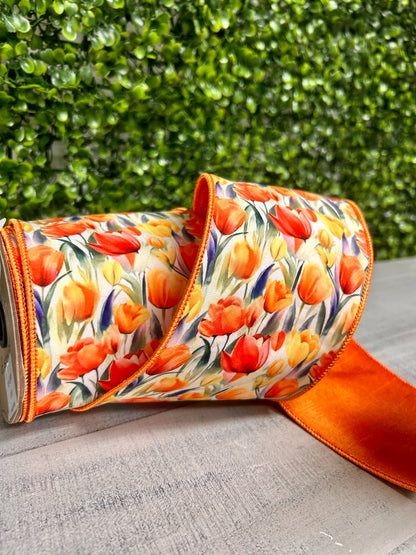 4 Inch By 10 Yard Orange And Yellow Poplin Tulip Ribbon