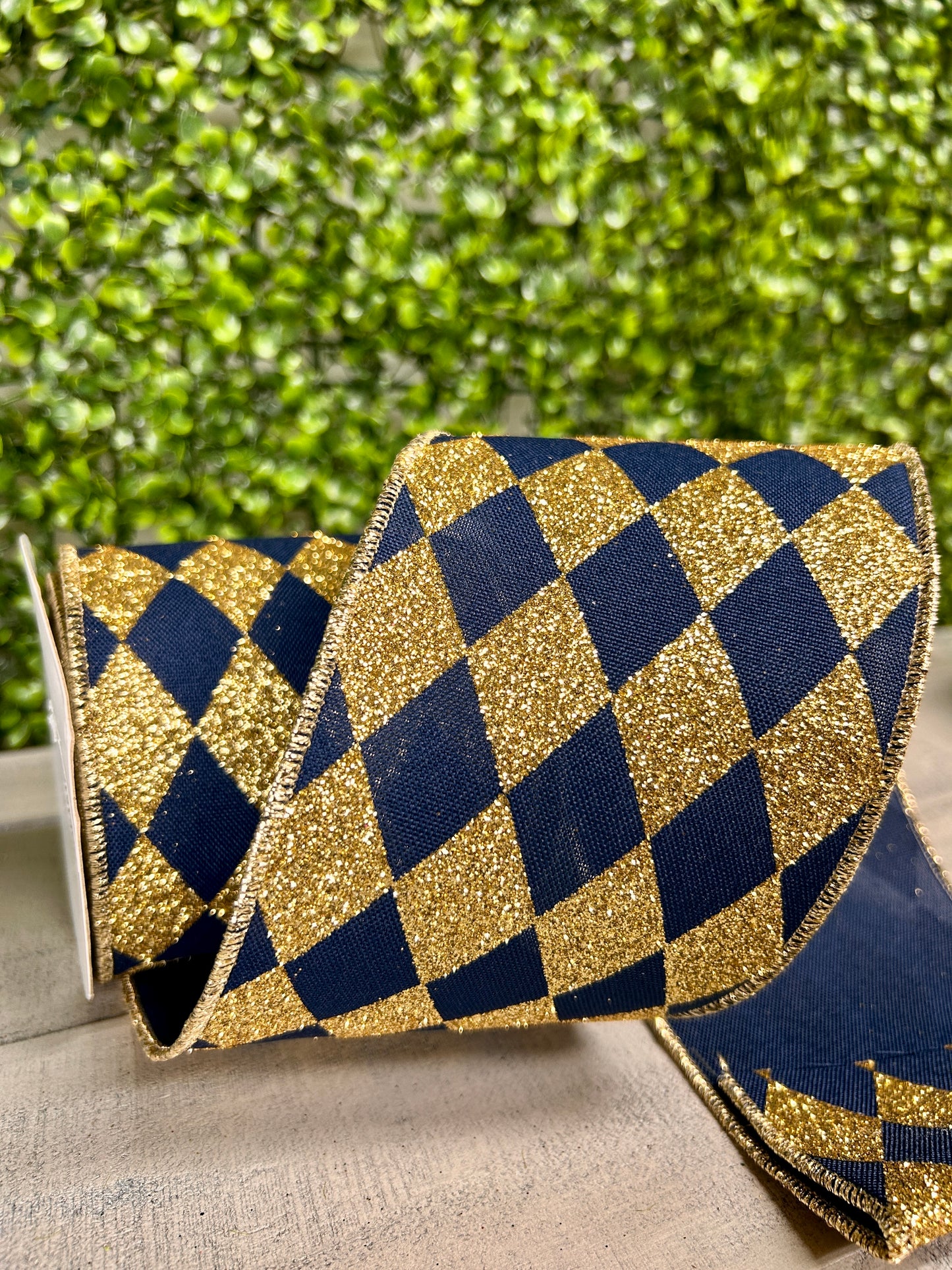 4 Inch By 10 Yard Navy Blue And Gold Harlequin Check Ribbon