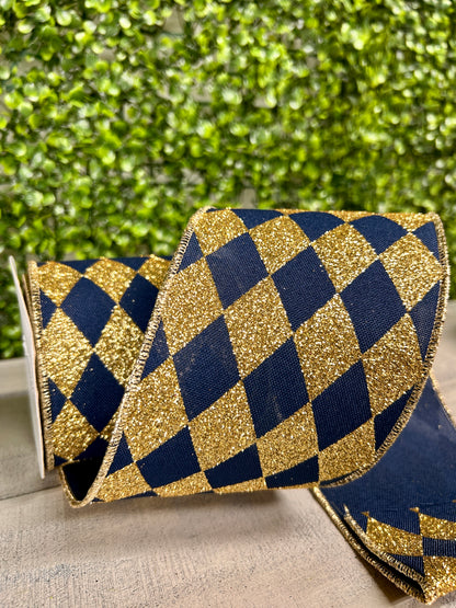 4 Inch By 10 Yard Navy Blue And Gold Harlequin Check Ribbon