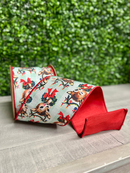 4 Inch By 10 Yard Retro Deer With Wreath With Red Backing Ribbon