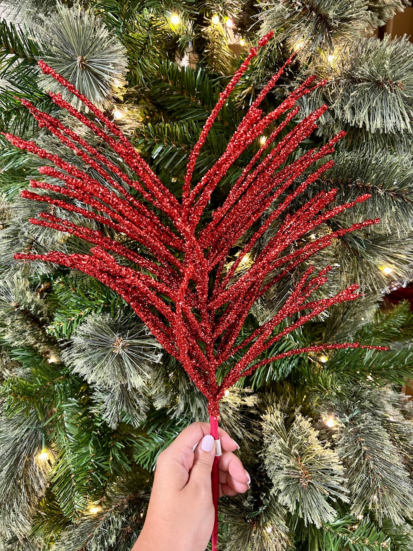 24 Inch Red Glitter Pine Needle Berry Stem