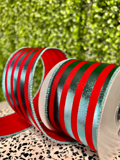 2.5 Inch By 10 Yard Red And Ice Blue Metallic Vertical Stripes Ribbon