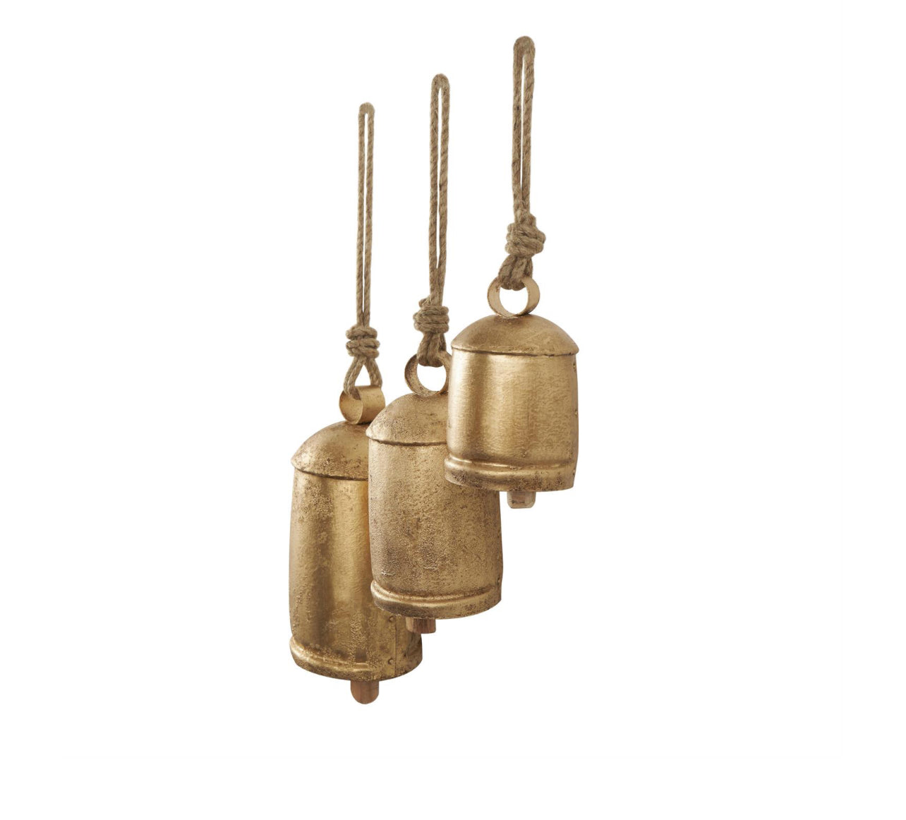 Gold Metal Tibetan Inspired Indoor Outdoor Decorative Cow Bells With Jute Hanging Rope Set of Three