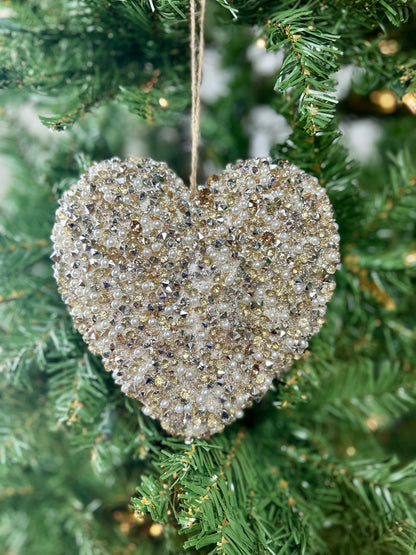 6 Inch Gold And White Beaded Heart Ornament