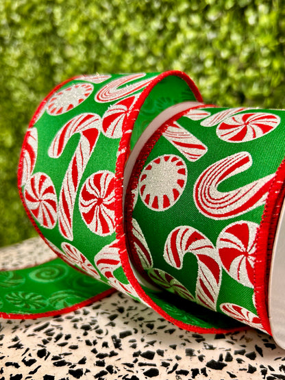 2.5 Inch By 10 Yard Glitter Peppermint And Candy Cane Ribbon