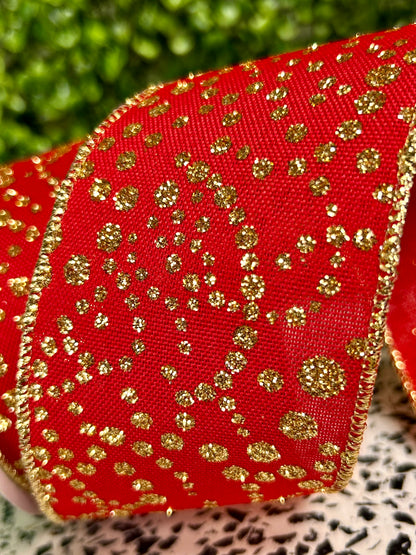 2.5 Inch By 10 Yards Red And Gold Mini Glitter Dots Ribbon