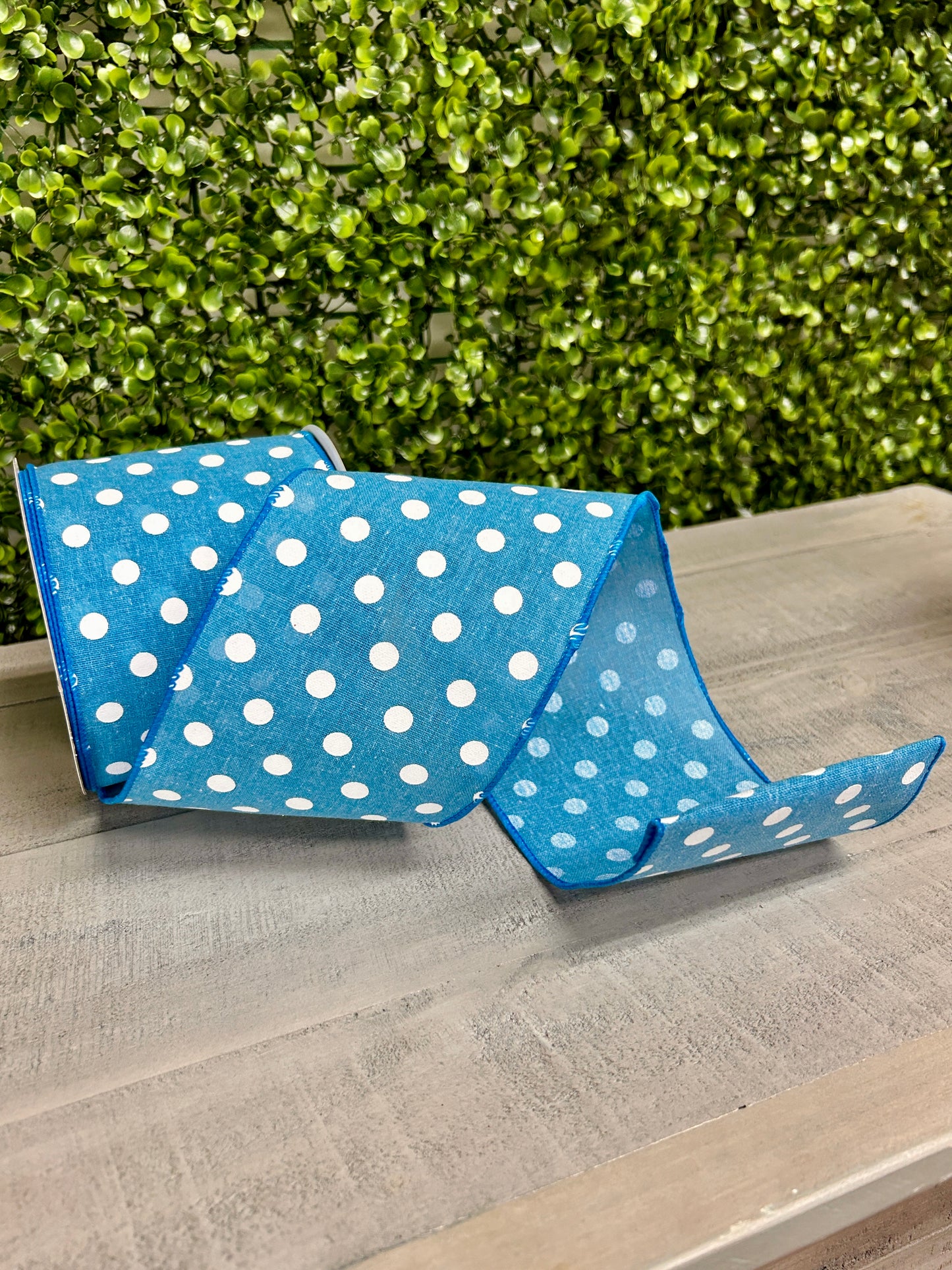 4 Inch By 10 Yard Blue Polka Dot Linen Ribbon