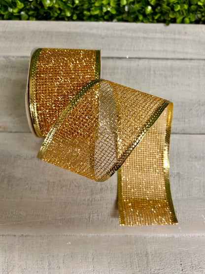 2.5 Inch By 10 Yard Gold Glitter Net With Metallic Edge Ribbon
