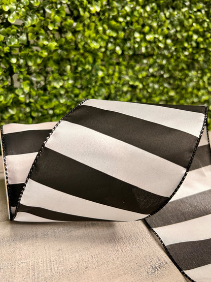 4 Inch By 10 Yard Black And White Horizontal Stripes Ribbon