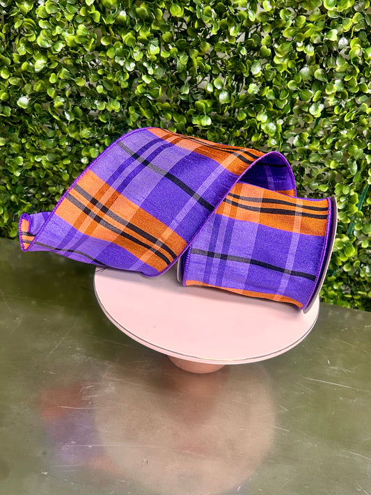 4 Inch By 10 Yard Purple Orange And Black Plaid Faux Dupioni Ribbon