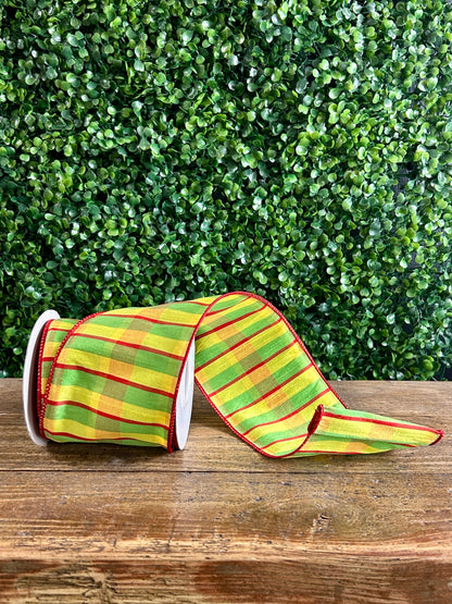 4 Inch By 10 Yard Red Lime And Yellow Dupioni Ribbon
