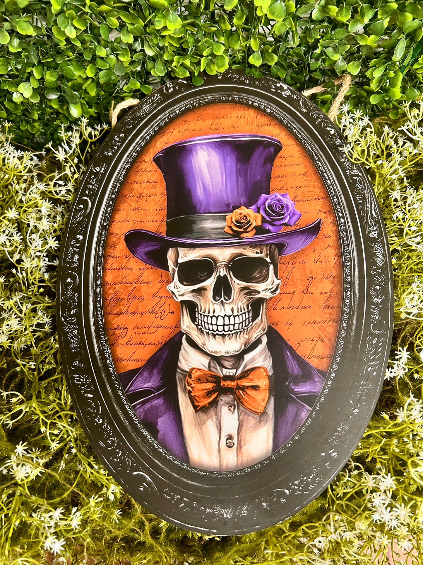 13 Inch By 9 Inch Purple Orange And Black Skeleton Portrait Wood Sign