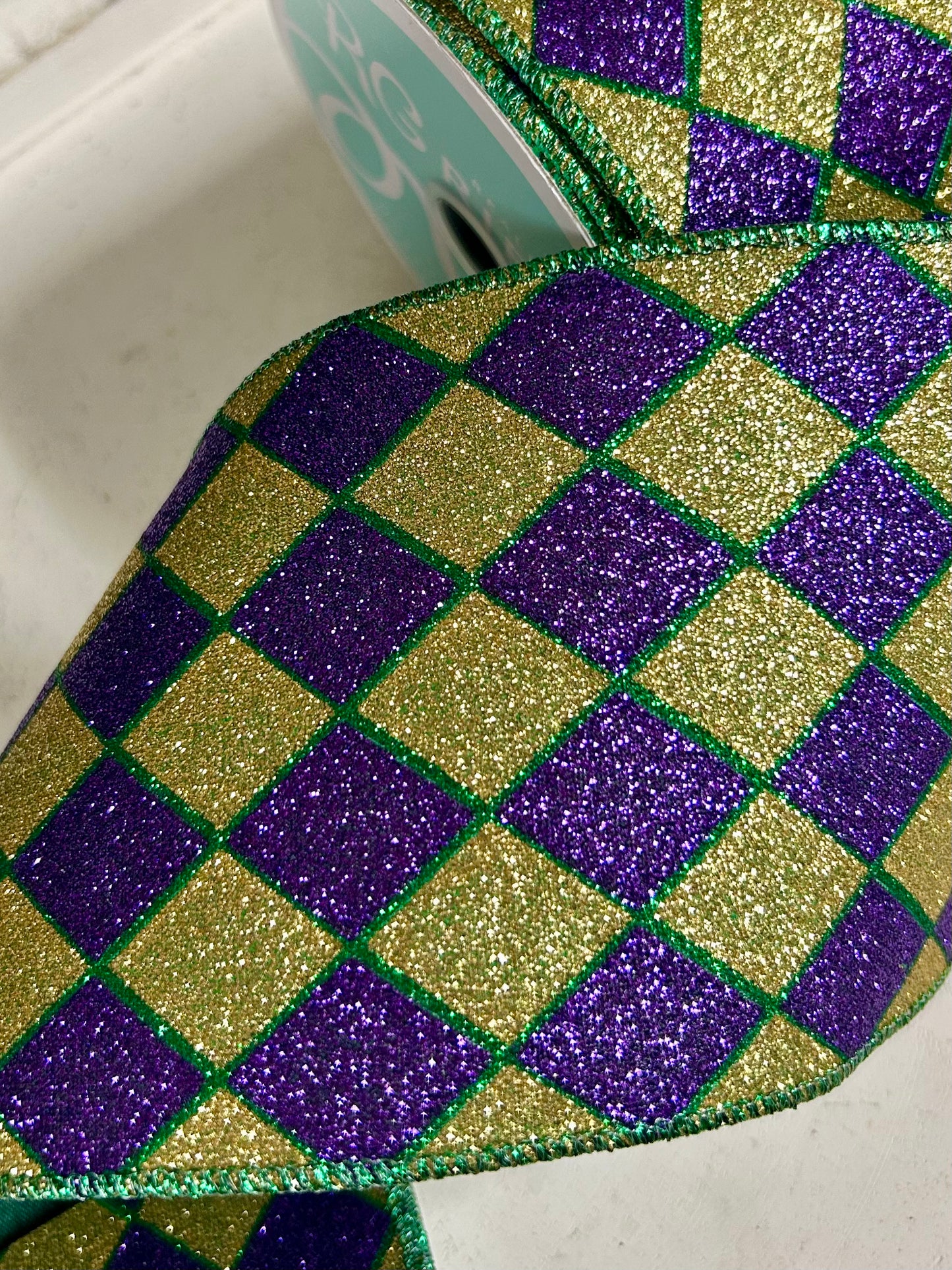 4 Inch By 10 Yard Mardi Gras Glitter Harlequin Ribbon