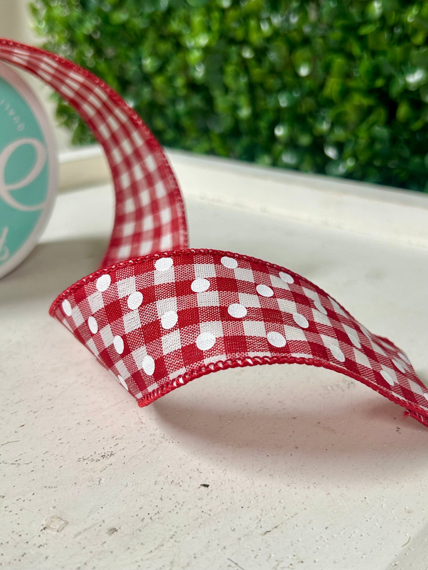 1.5 Inch By 10 Yard Red And White Small Polka Dots On Gingham Check Ribbon