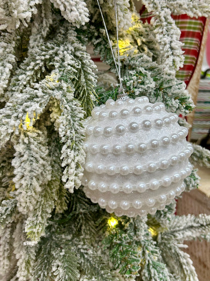 4 Inch White Glitter And Pearl Horizontal Stripe Ball Ornament