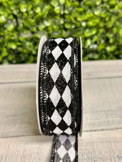 7/8 Inch By 10 Yard Black And White Glitter Harlequin Ribbon
