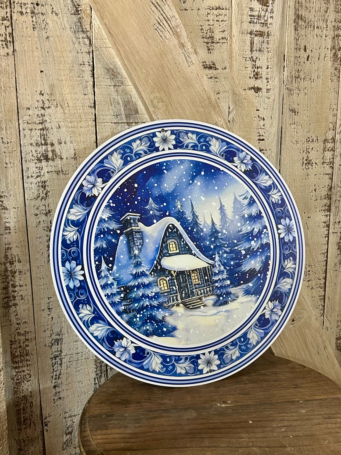12 Inch Winter Cabin Scene Metal Sign